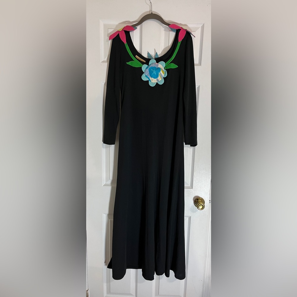 1960s Sarff Zumpano Rare Black Maxi Long Sleeve Dress with Flower Appliqués
